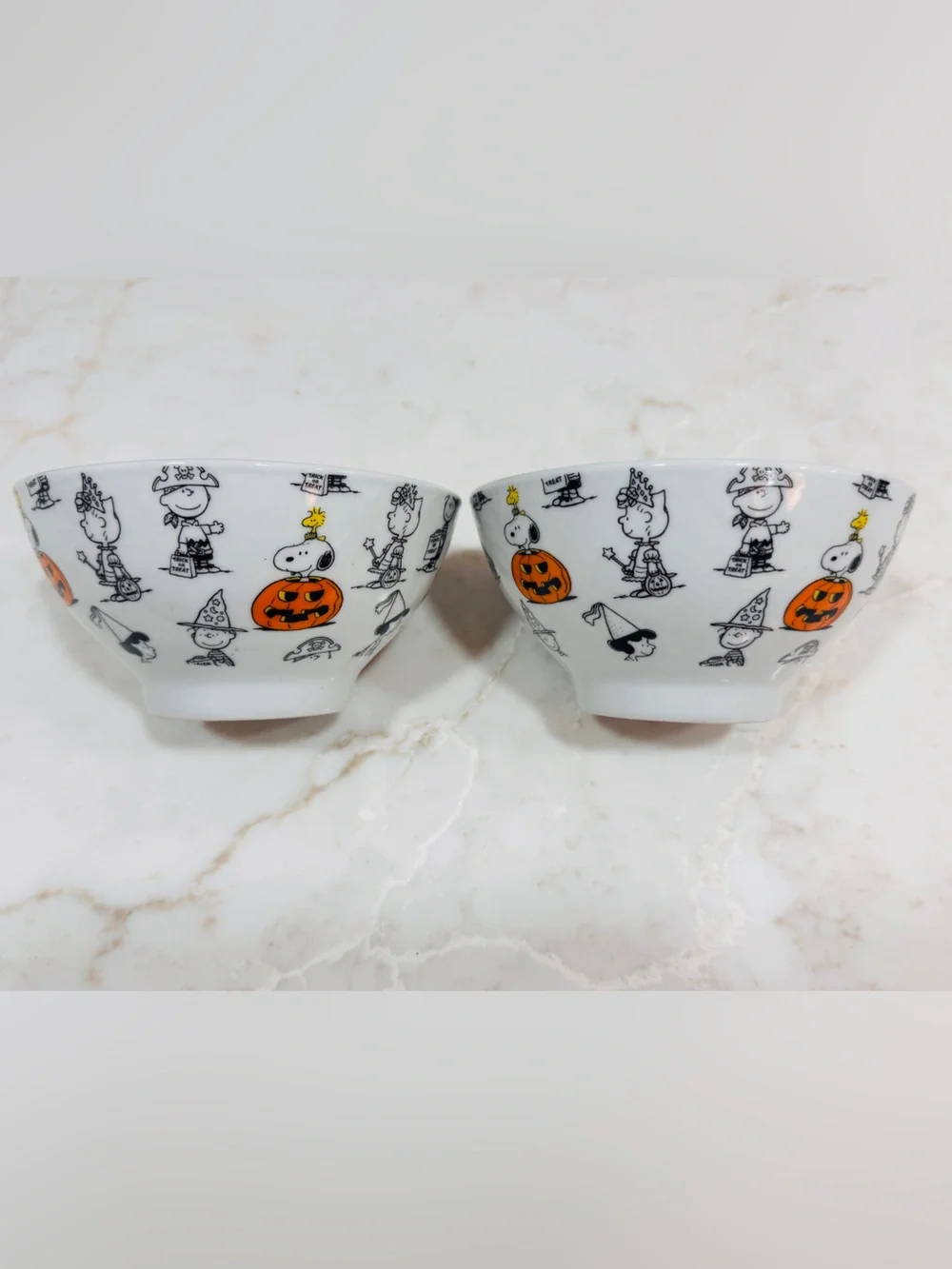 Peanuts Snoopy/Charlie Brown White Ceramic Bowls with Orange Pumpkin Accents